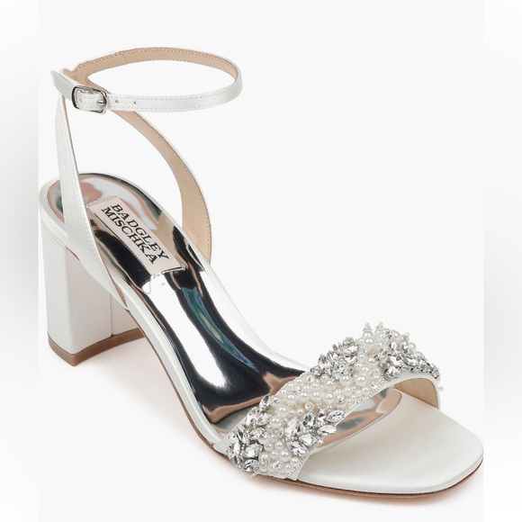 Badgley Mischka Shoes - Badgley Mischka Clara embellished block heel women sandals in satin white 9 1/2